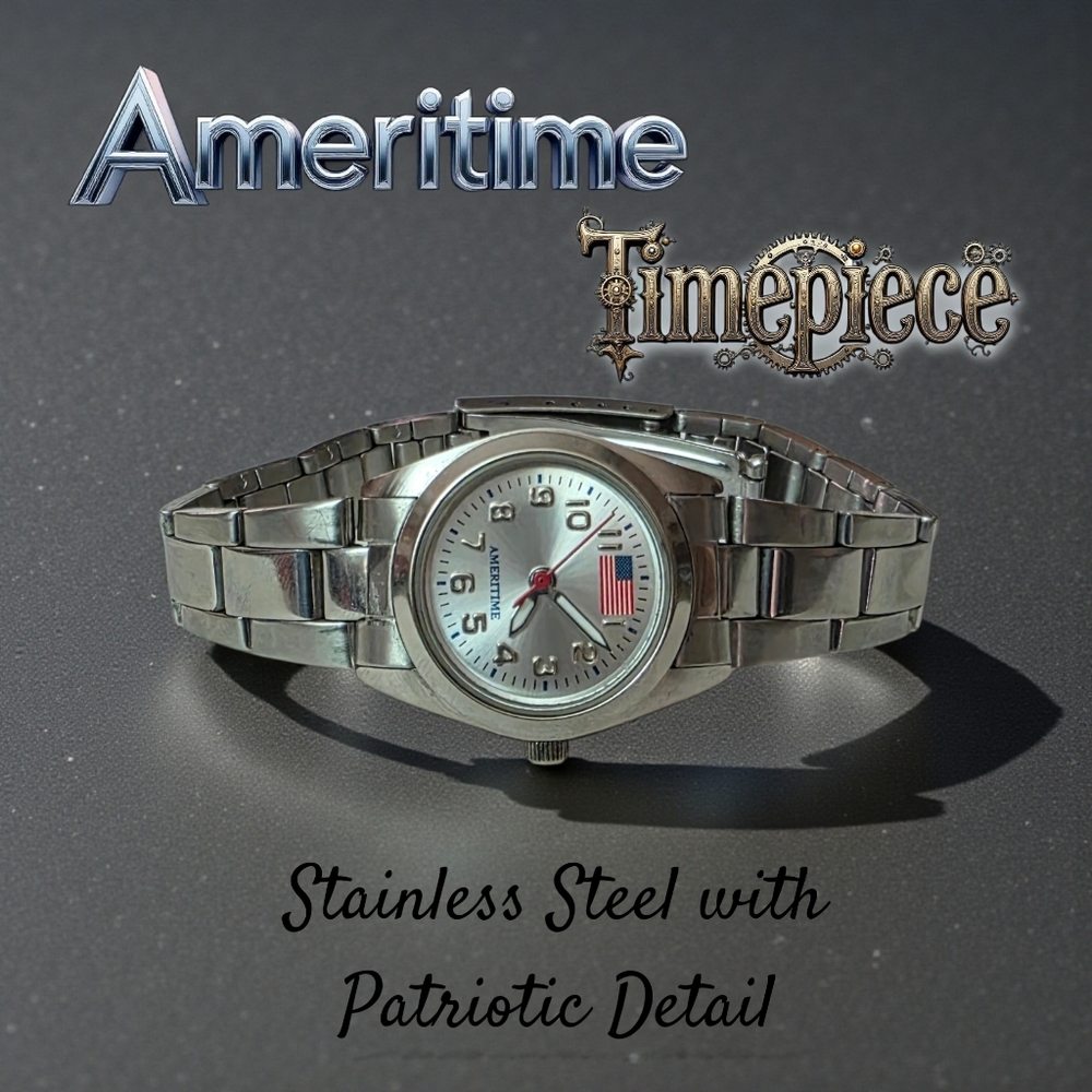Ameritime Stainless Steel Watch with American Flag Dial - Unisex.